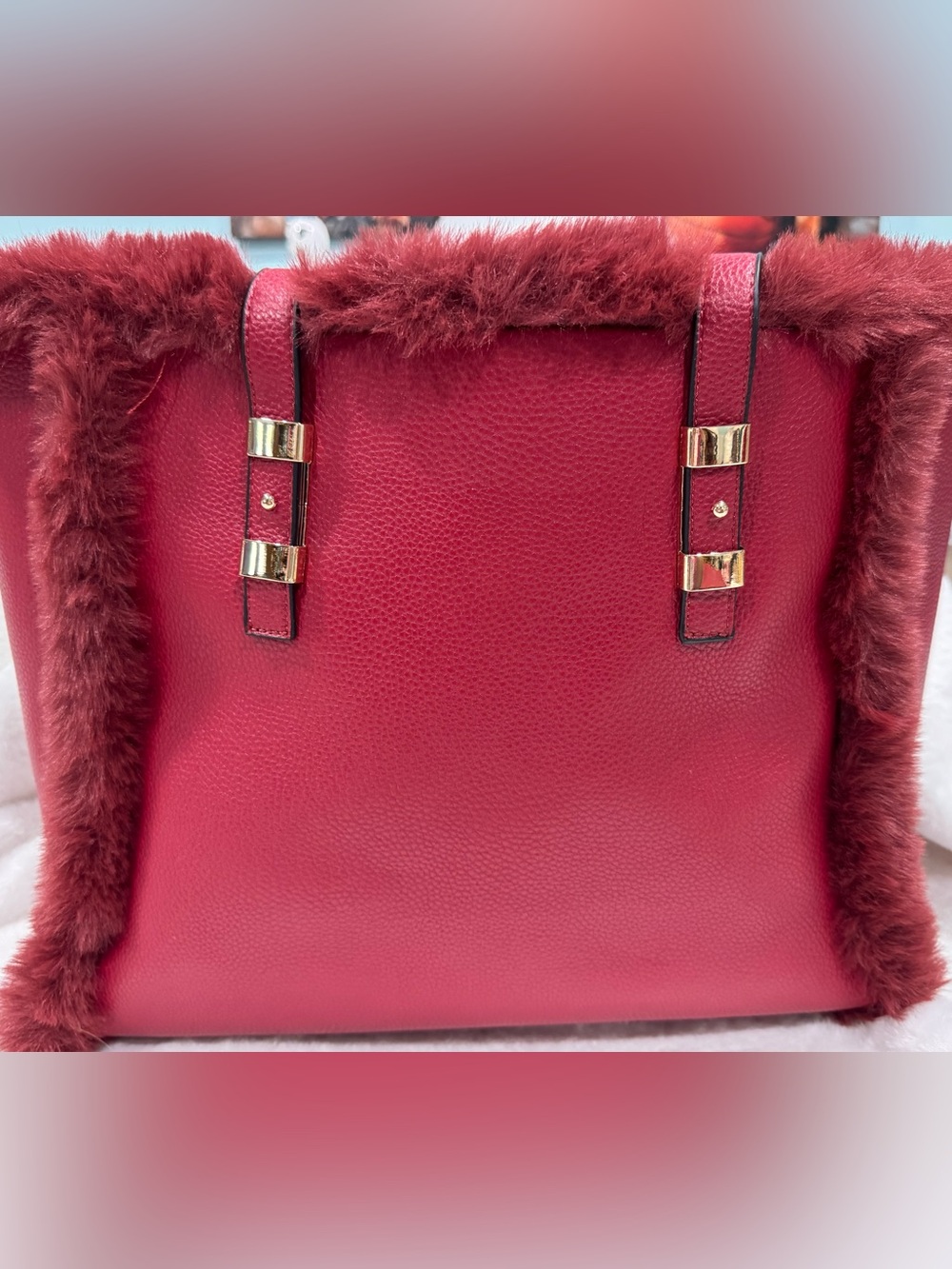 Mia K Kollection—Red Faux-Fur Trim Tote Bag - Stylish Women's Handbag